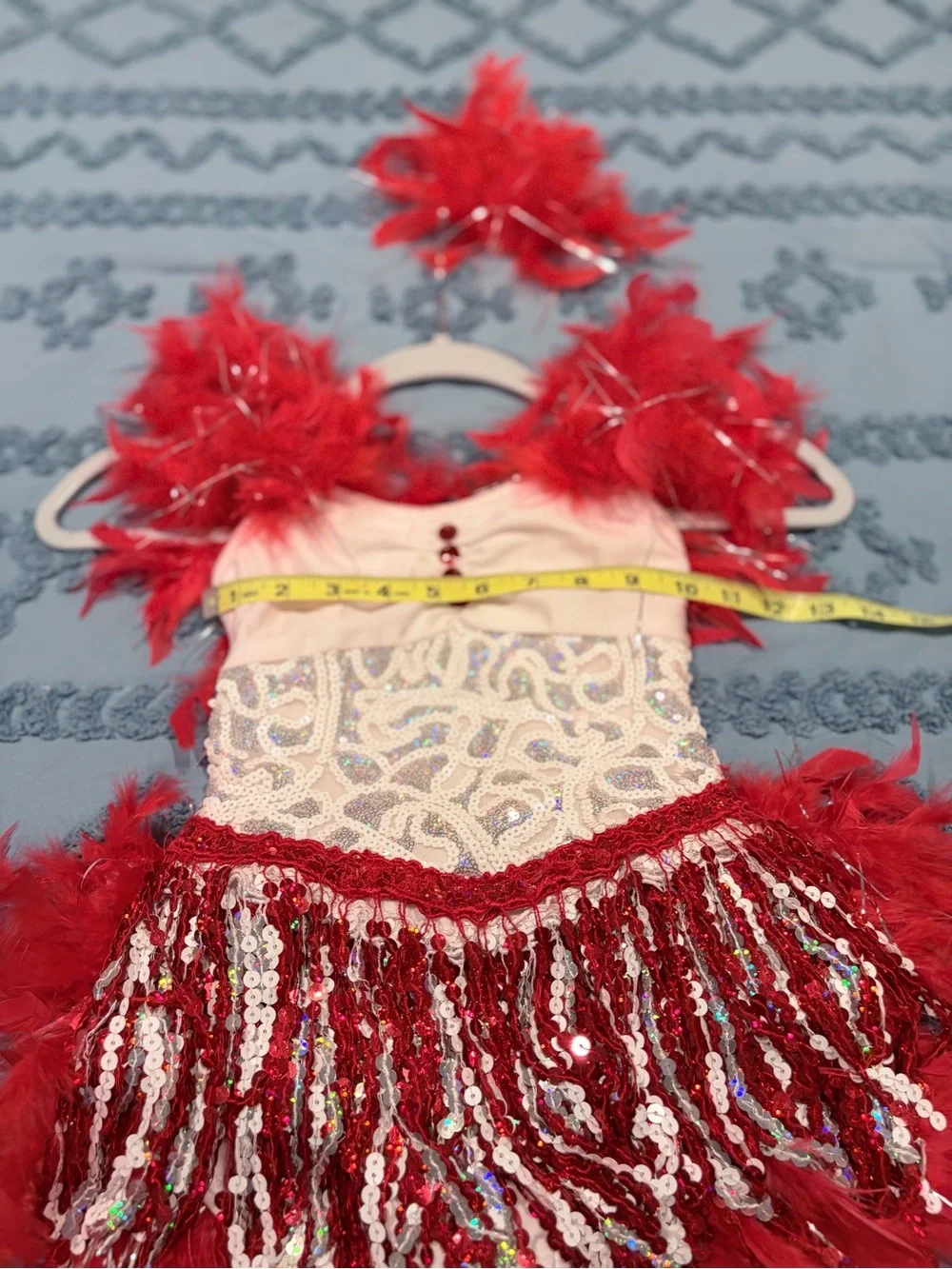 Red White Sequin Fringe Feather Dance Costume Child Small